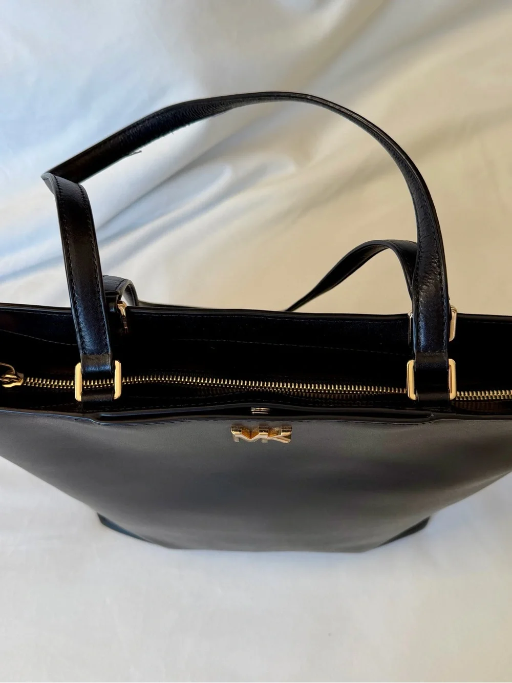 Michael Kors Black Leather Tote with Gold MK Emblem